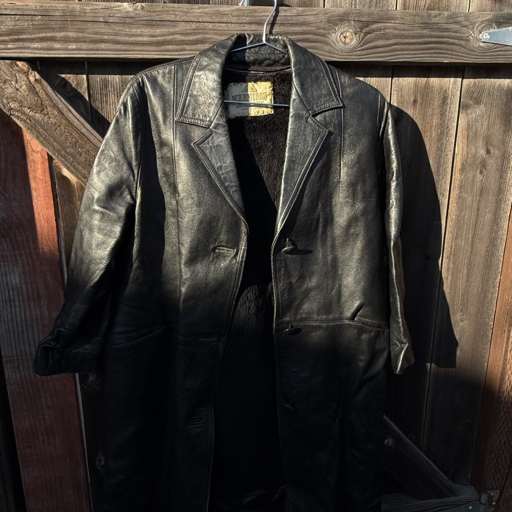 Vintage 70s Handloom Black shearling lined leather trench coat jacket